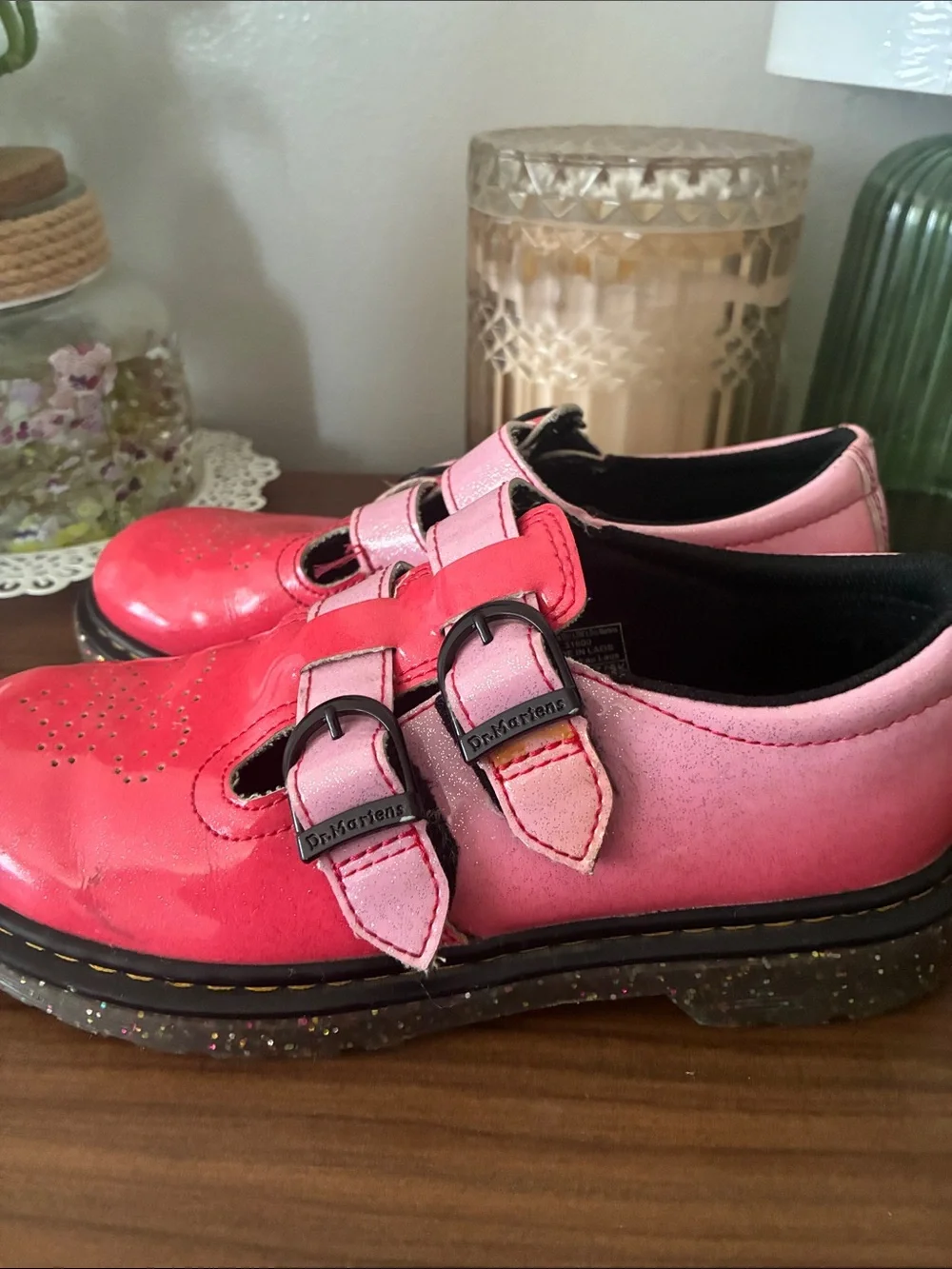 Dr. Martens Girls' Pink Double-Strap Heart-Perforated Mary Janes